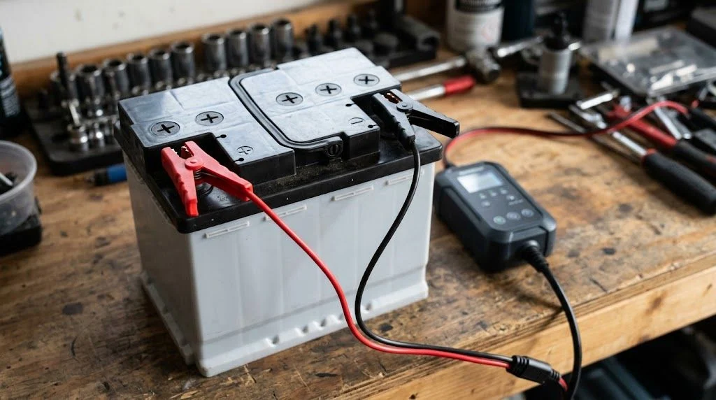 Battery charger connected to a 12V battery on a workbench, showing how long to charge a car battery at different amps