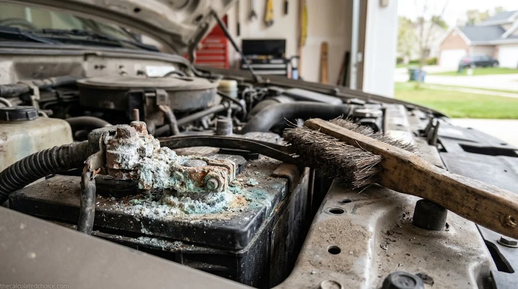 Heavily corroded car battery terminal under an open hood with a wire brush ready for cleaning