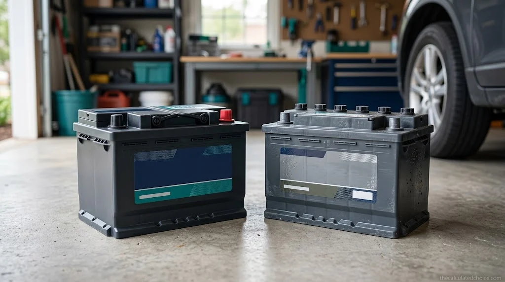 AGM vs flooded battery comparison, a sealed AGM car battery next to a flooded lead-acid battery in a home garage