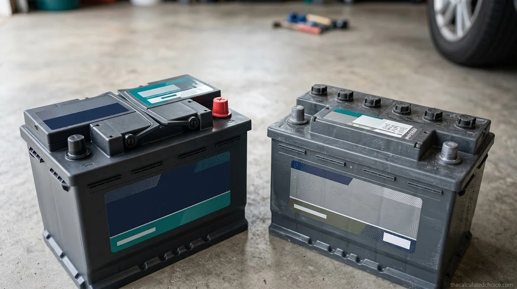 AGM vs flooded battery side by side, sealed AGM on the left and a flooded battery with cell caps on the right