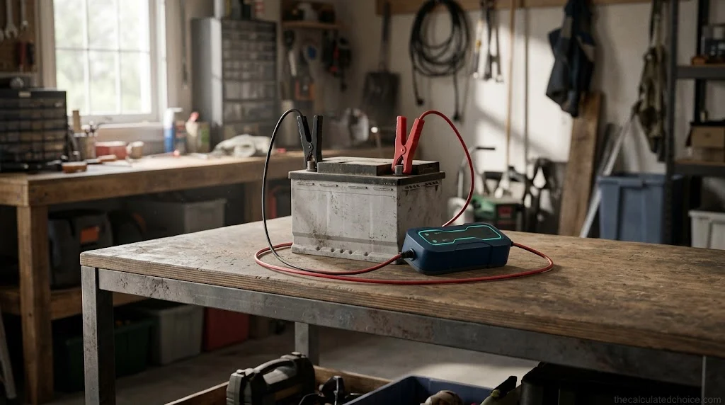 Battery desulfator charger clamped to an old 12V car battery on a garage workbench