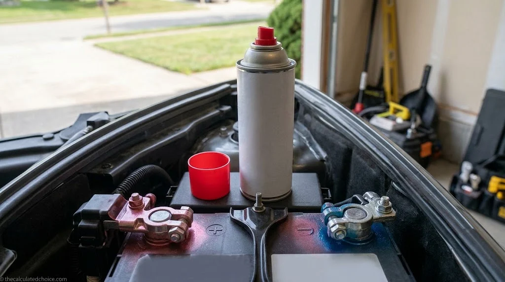 Battery terminal protector spray can beside clean car battery terminals in a home garage