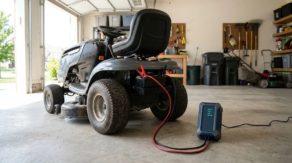 Smart battery charger connected with red and black clamps to a riding lawn mower battery in a home garage
