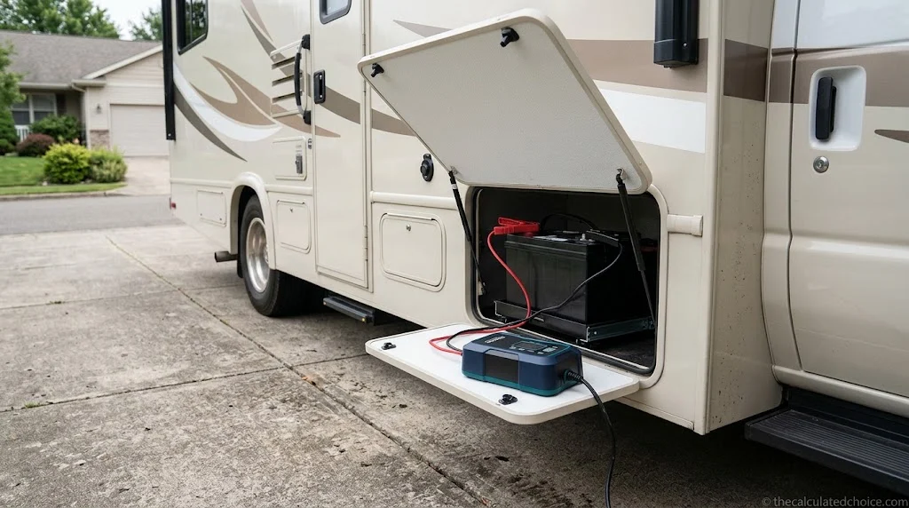 Smart battery maintainer connected to a 12V deep-cycle battery inside an open RV battery compartment