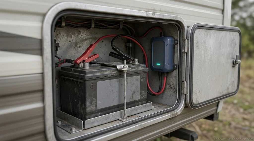 Close-up of a mounted battery maintainer and red and black clamps attached to a 12V deep-cycle battery inside an RV battery bay.