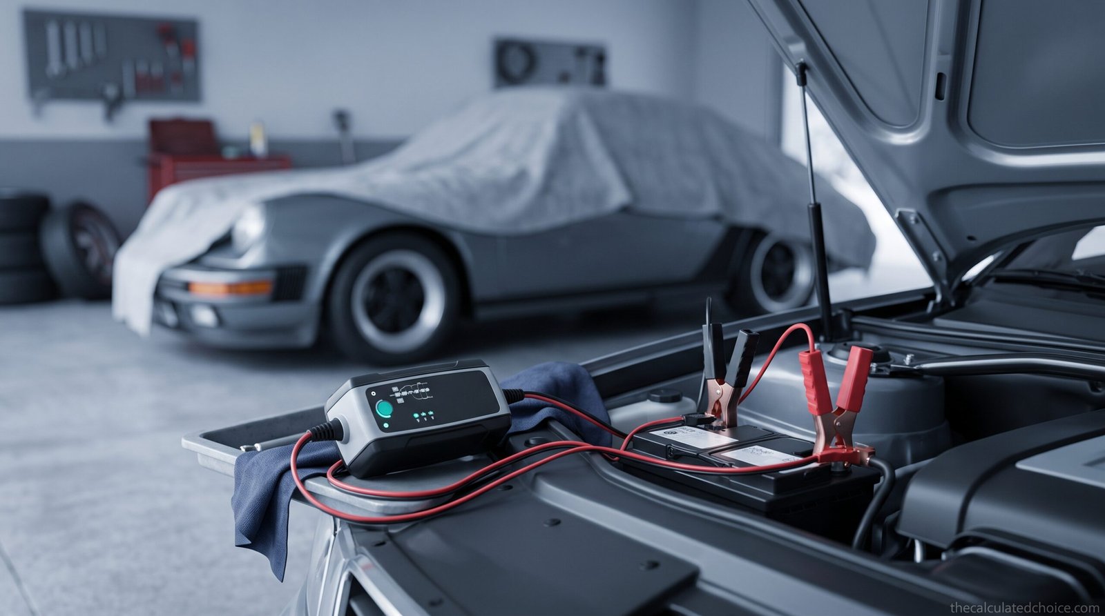 Classic car under a cover in a garage with a battery maintainer clamped to the battery under the open hood