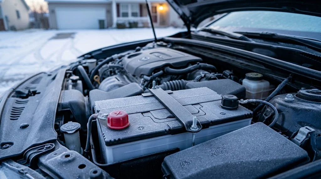 Best car battery for cold weather: a new AGM battery with red and black terminal caps under a frosted hood on a snowy morning