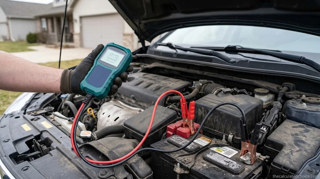 Best car battery tester in use: handheld digital tester clamped to a car battery with the hood open