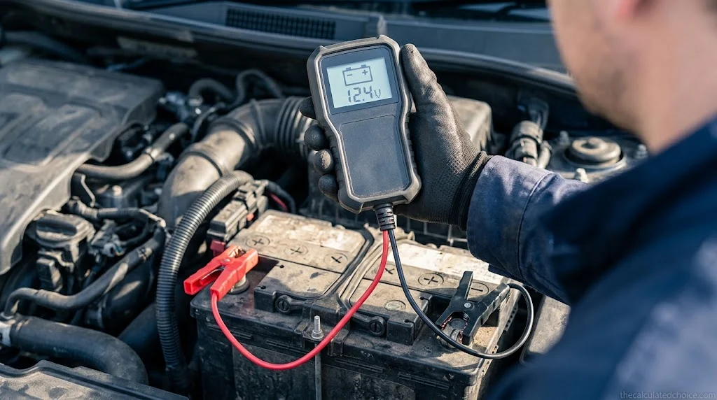 Digital car battery tester clamped to a battery under the hood, showing a 12.4V reading, the kind of tool in our best car battery tester picks