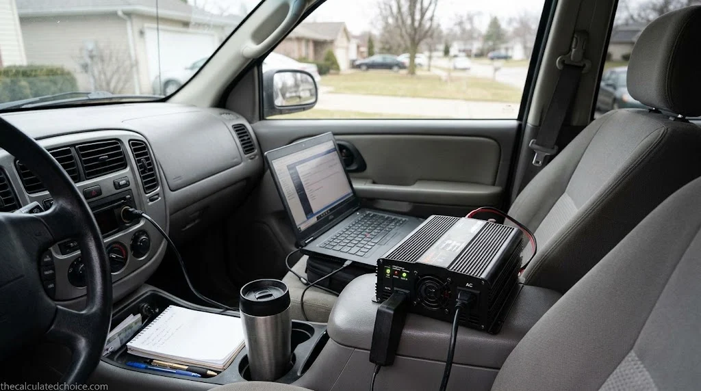 Power inverter on a car center console powering a laptop beside a travel mug