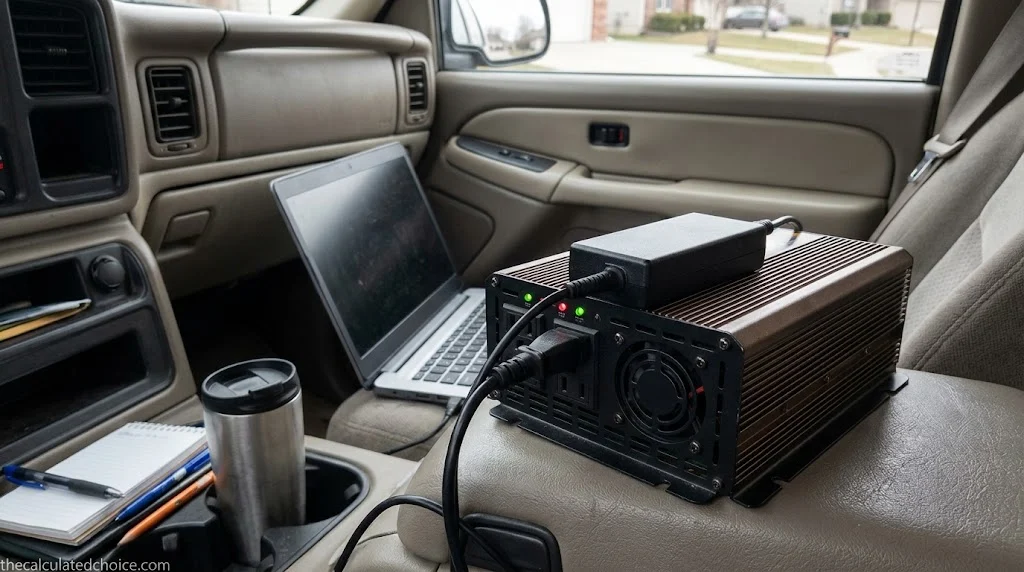 Power inverter on a vehicle center console connected to a laptop with a travel mug nearby