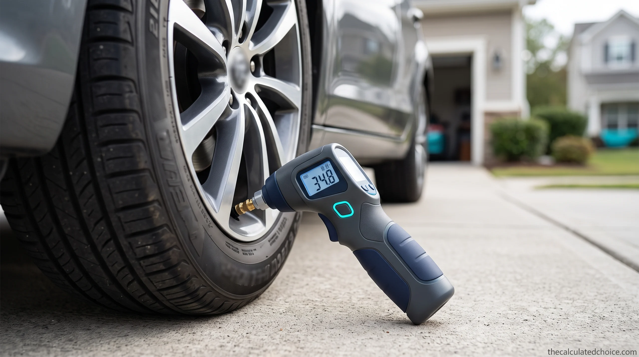 Best digital tire pressure gauge connected to a car tire valve on a driveway