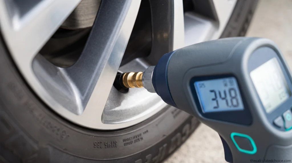 Best digital tire pressure gauge reading 34.8 PSI on a car tire valve stem