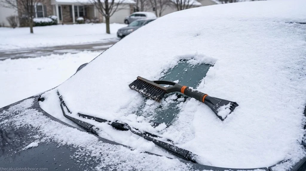 Orange ice scraper resting on a snow-covered car windshield with a patch of clear glass
