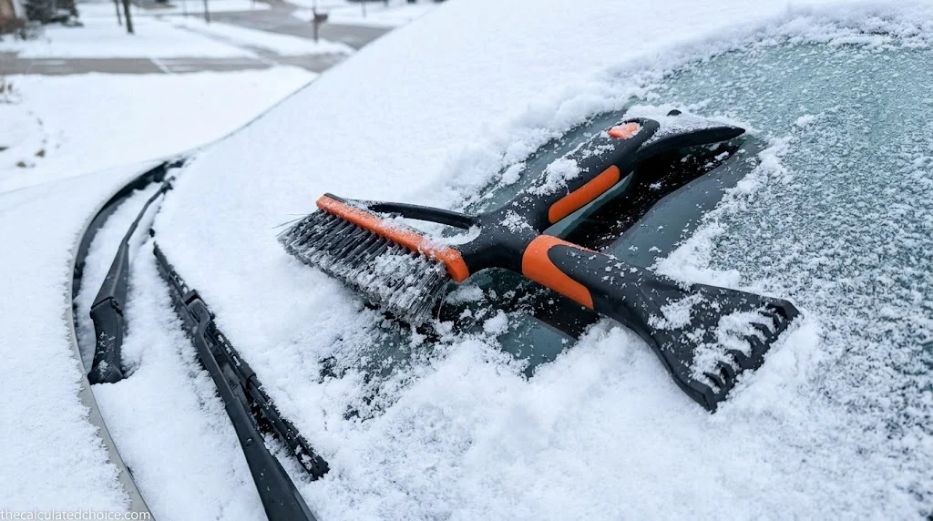 Close-up comparison of feathered PVC snow brush bristles, a closed-cell foam snow pusher head, and a polycarbonate ice scraper blade with ice chippers
