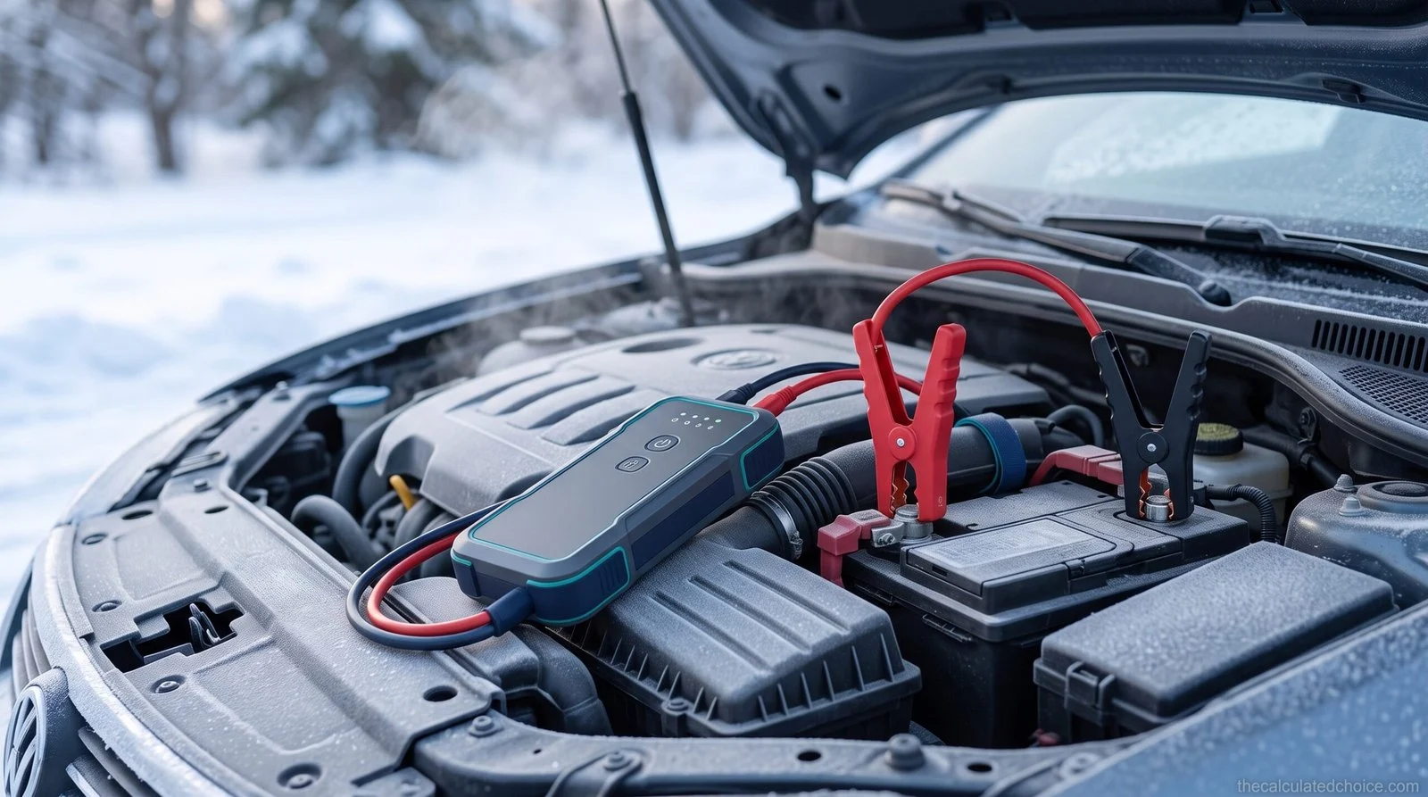 Best jump starter for cold weather connected to a car battery in a snowy engine bay