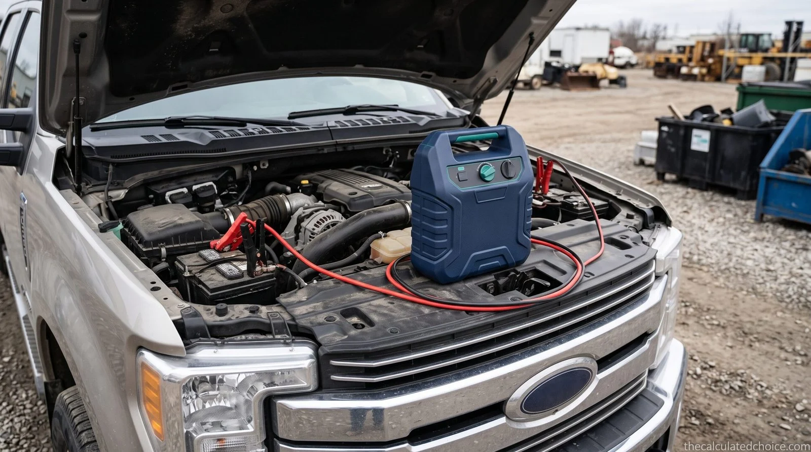 Best jump starter for diesel trucks: heavy-duty jump box connected to a diesel pickup battery