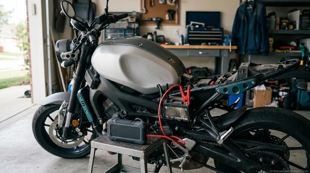 Best motorcycle jump starter on a stool beside a naked bike in a garage, clamps connected to the battery under the seat