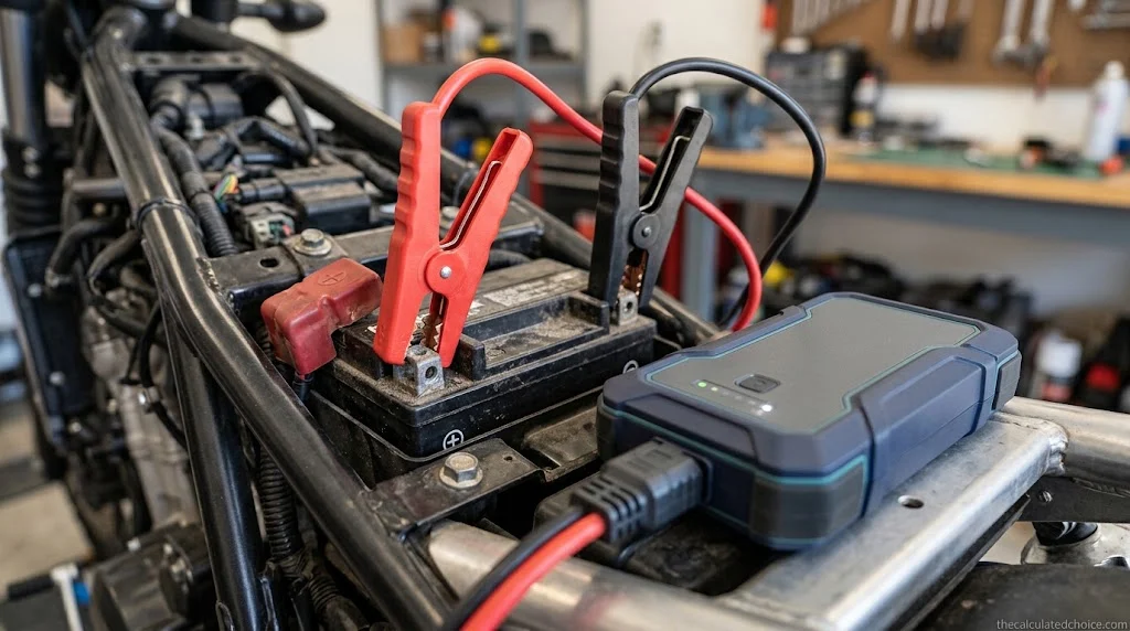 Motorcycle jump starter connected to a bike battery under the seat, red clamp on the positive terminal and black clamp on the negative