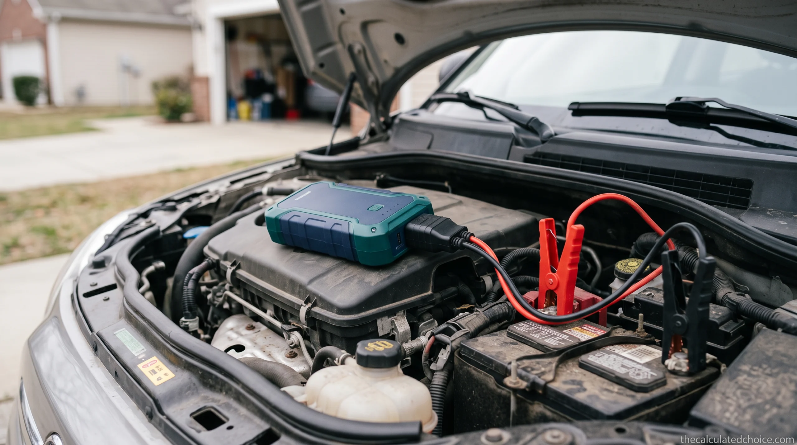 Best jump starter for small cars: compact lithium jump starter connected to a small car battery in a driveway