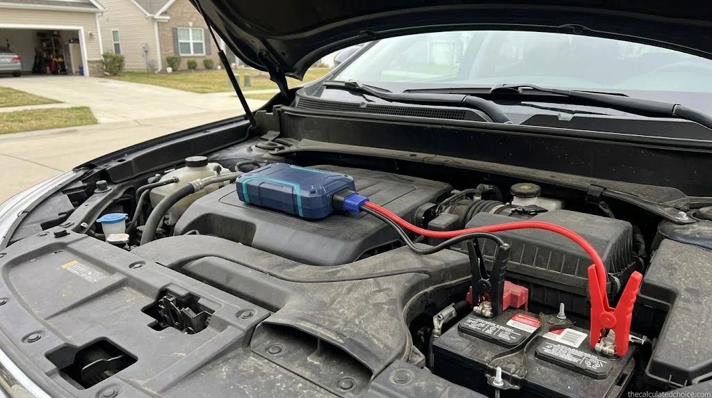 Best jump starter for SUVs: compact lithium jump starter on an SUV engine cover with clamps on the battery