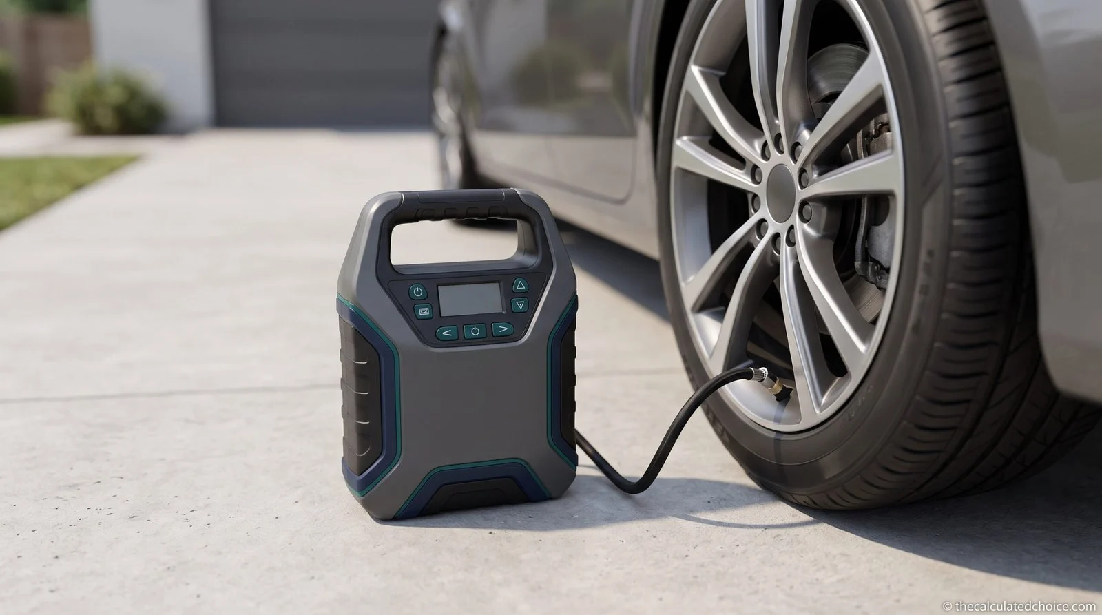 Best jump starter with air compressor: combo jump starter inflating a car tire in a driveway