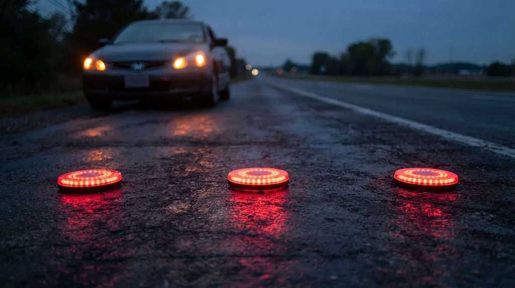 Three glowing red LED road flares lined up on wet asphalt at dusk with a parked car's headlights behind them