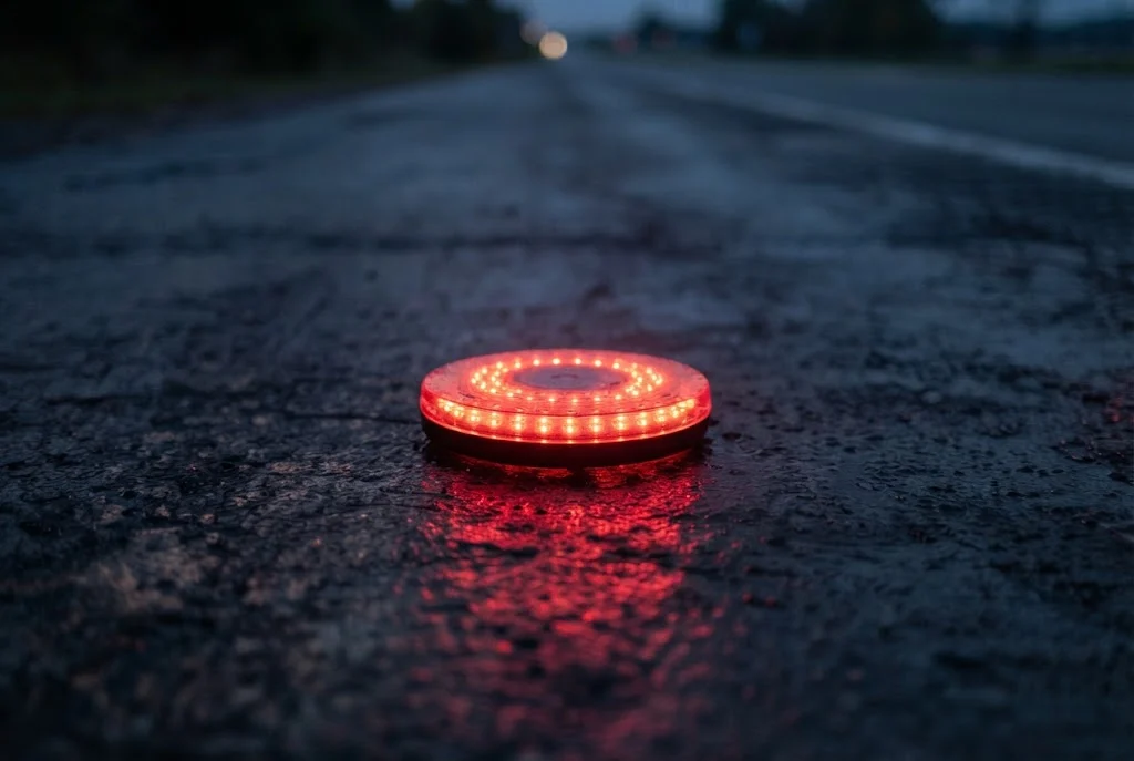 Close-up of a single glowing red LED road flare sitting on wet road surface