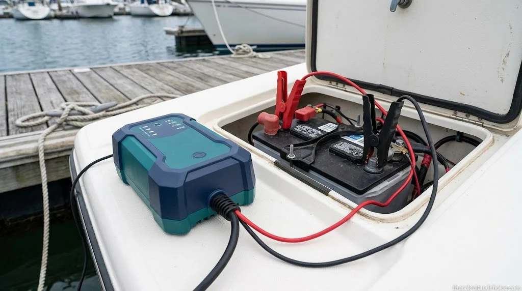 Best marine battery charger connected to a boat battery in a hatch beside the dock