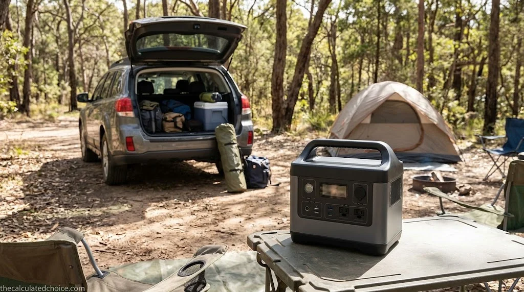 Best portable power station for car camping: a portable power station at a wooded campsite next to a parked SUV with its tailgate open