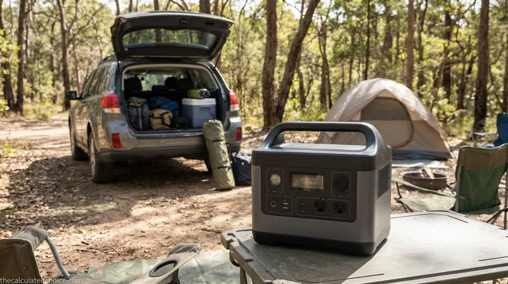 Best portable power station for car camping: a portable power station on a camp table beside a tent and an SUV with its tailgate open