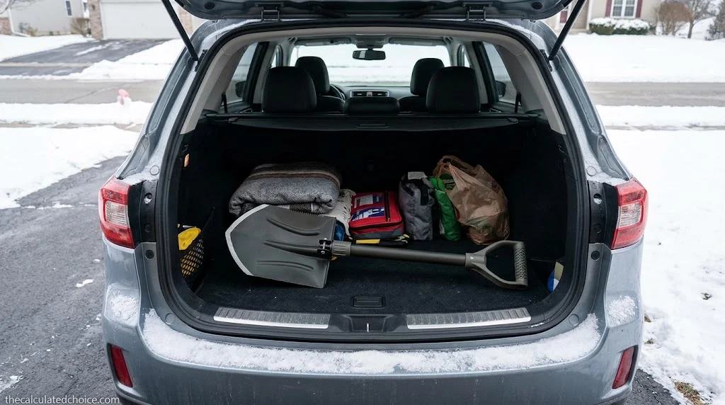 Open SUV cargo area with a folding snow shovel, a blanket and winter gear packed in the back
