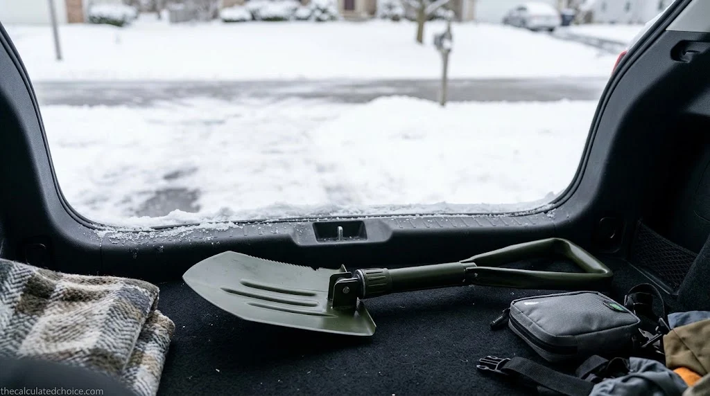 Close-up comparison of a 14-gauge powder-coated steel shovel blade, a 6061-T6 heat-treated aluminum scoop, and a tri-fold serrated carbon steel entrenching blade