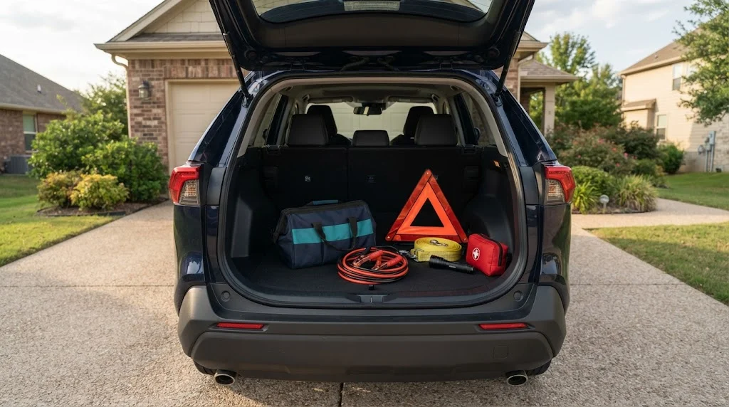 Open SUV trunk on a driveway with a roadside emergency kit bag, warning triangle, jumper cables, tow strap, flashlight and first aid pouch laid out