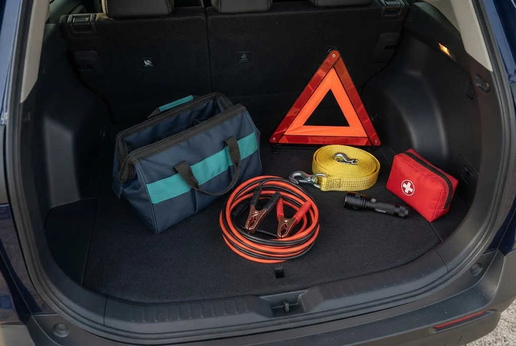 Roadside emergency kit contents laid out in a car trunk: kit bag, warning triangle, jumper cables, tow strap, first aid pouch and flashlight