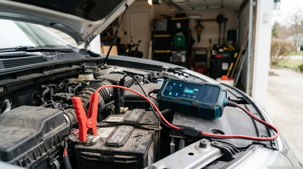 Best car battery charger connected to a car battery in a home garage