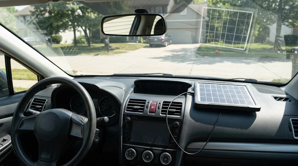 Best solar car battery charger panel sitting on the dashboard of a parked car in the sun