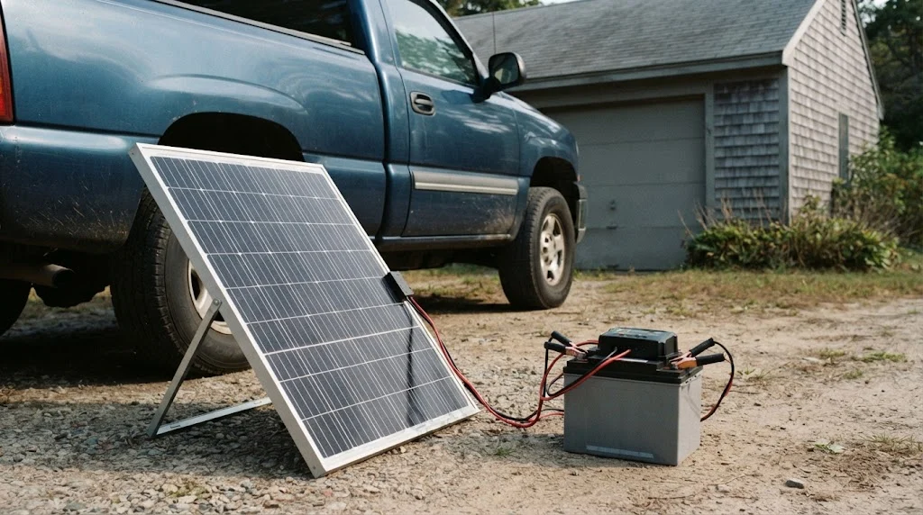 Best solar car battery charger setup: a solar panel by a parked pickup truck, clamped to a 12V battery