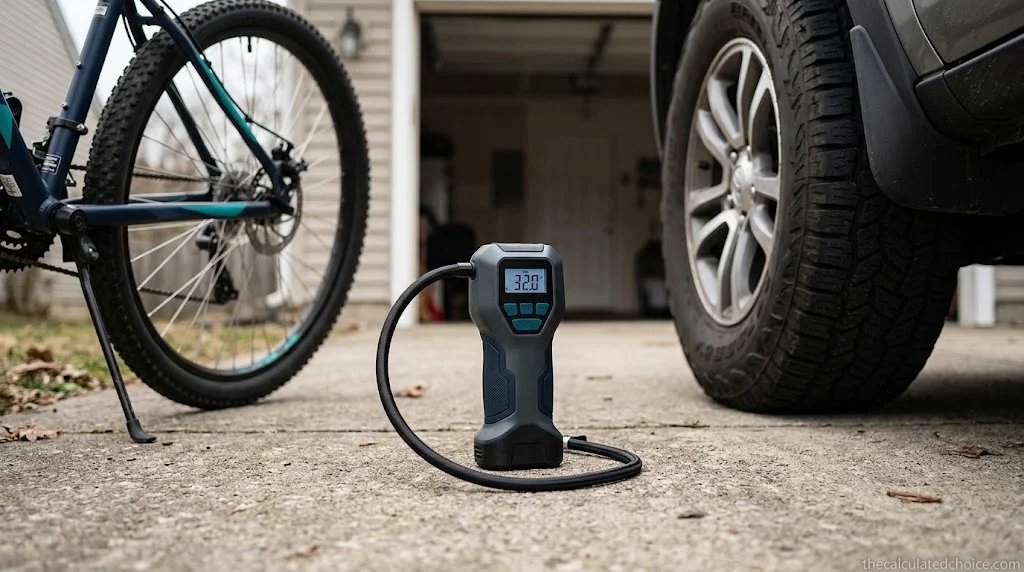 Best tire inflator for bikes and cars: cordless inflator on a driveway between a bicycle and an SUV tire