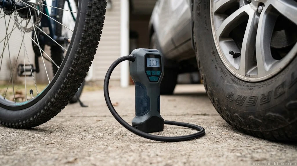 Cordless tire inflator for bikes and cars on a driveway between a mountain bike tire and an SUV tire
