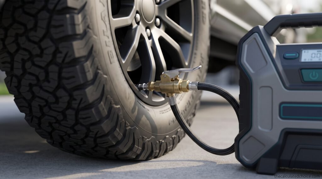 Best portable tire inflator for trucks: compressor hose and brass chuck connected to an all-terrain pickup tire