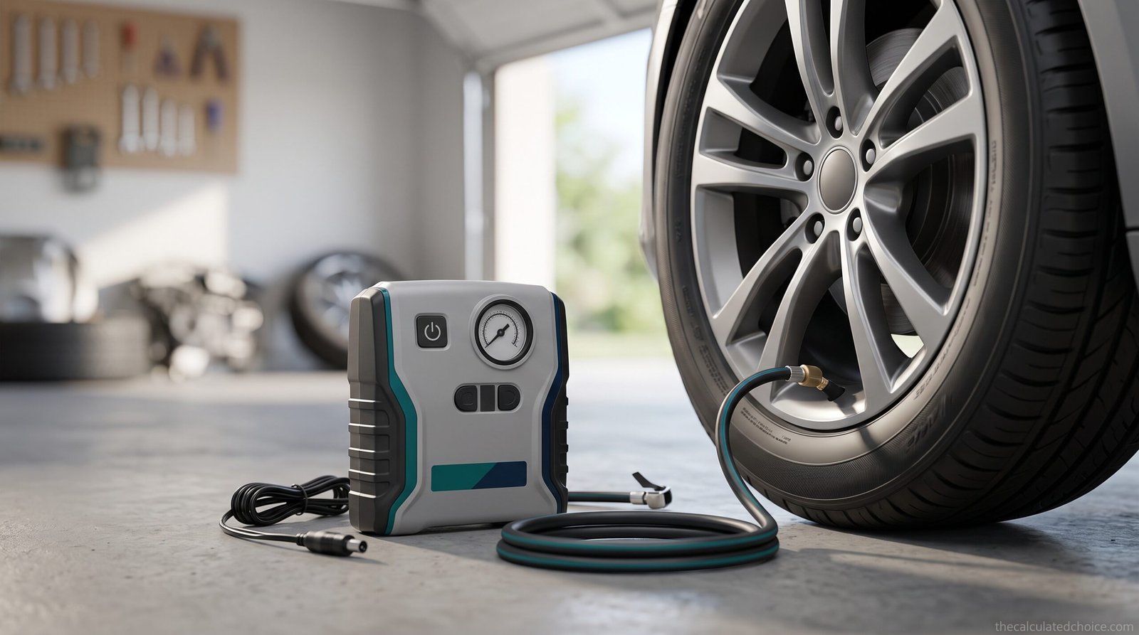 Best tire inflator under $50: compact 12V inflator connected to a car tire in a home garage