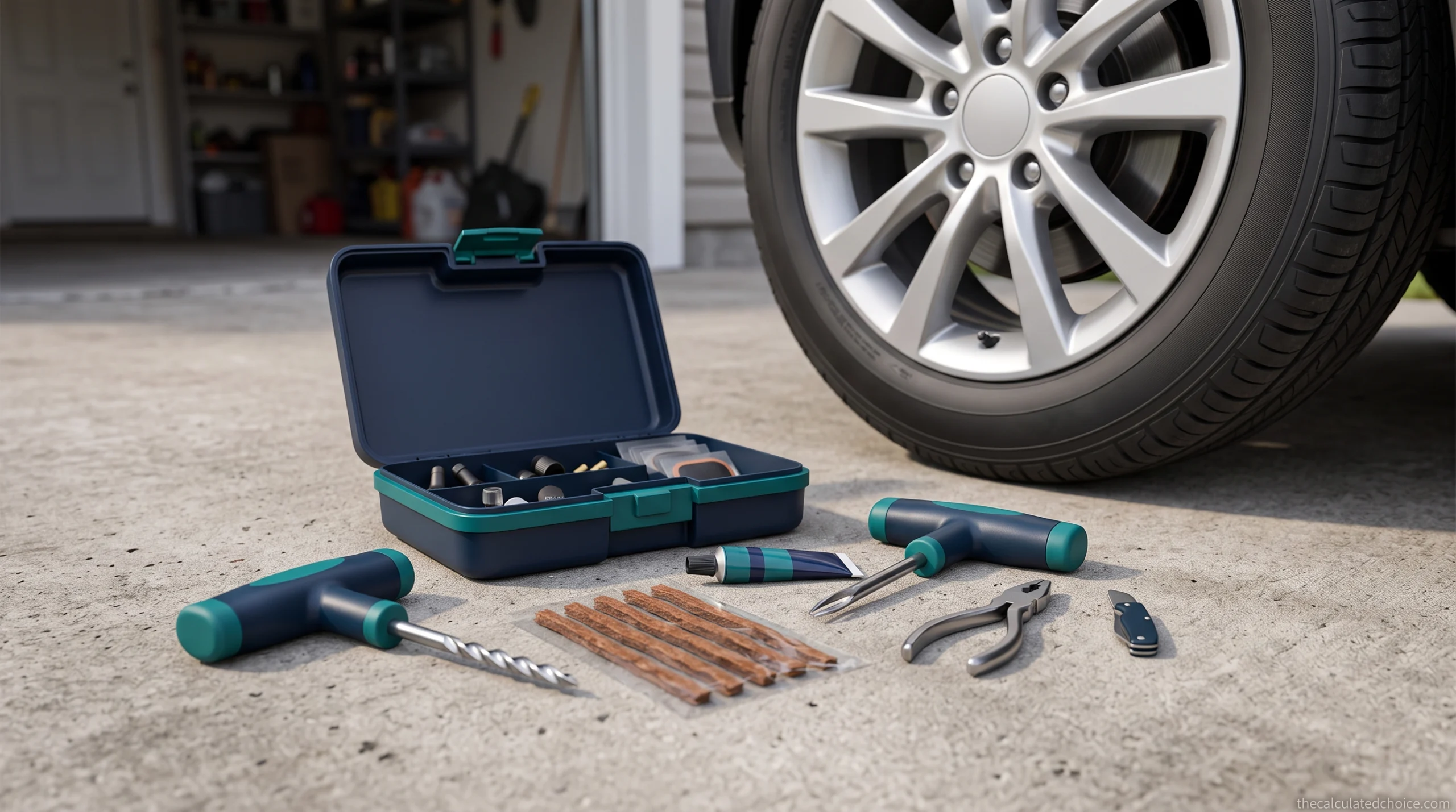 Best tire repair kit for cars: an open plug kit case, reamer, insertion tool, plugs and pliers beside a car tire