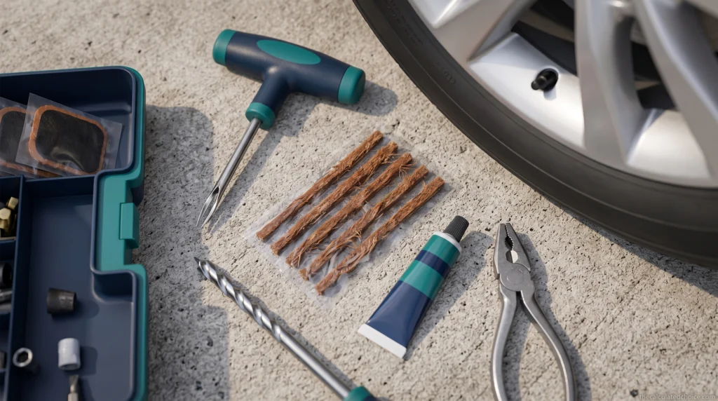 Best tire repair kit for cars laid out: T-handle insertion tool, reamer, plug strings, cement and pliers next to a car tire