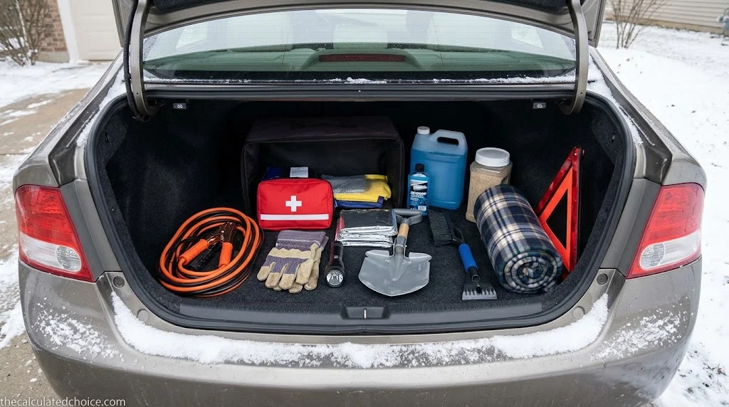 Best winter car emergency kit packed in a snowy sedan trunk with jumper cables, a first aid kit, washer fluid, a warning triangle and a blanket