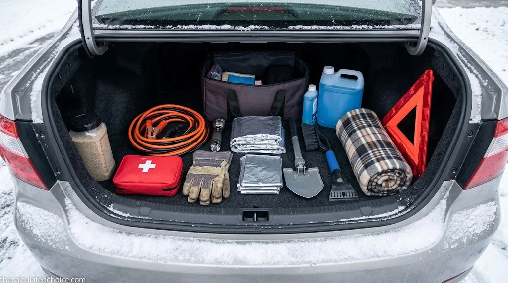 Best winter car emergency kit add-ons: canvas bag with hand warmers, a flashlight, insulated gloves and an orange snow shovel on a snowy tailgate