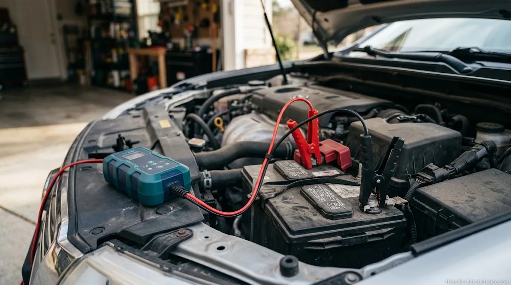 Smart charger on a car battery that is still connected under the hood, showing how to charge a car battery without disconnecting it