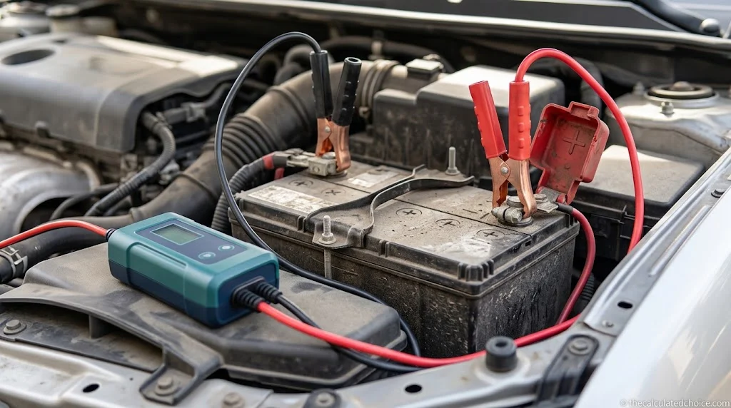 Smart charger clamped to a car battery that is still connected in the engine bay, a safe way to charge a car battery without disconnecting it
