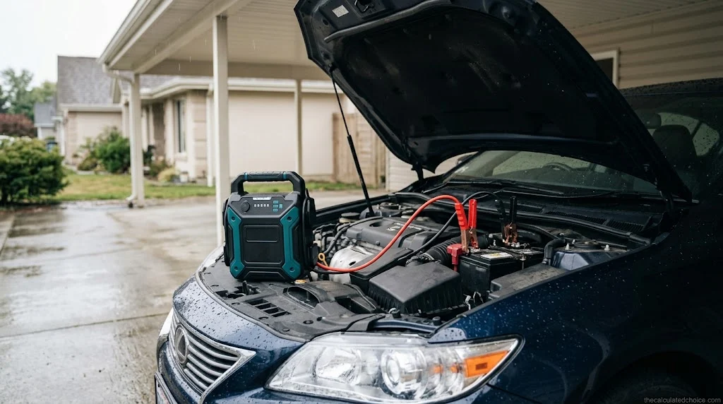 Can you jump start a car in the rain: portable jump starter clamped to a wet car battery in a rainy driveway