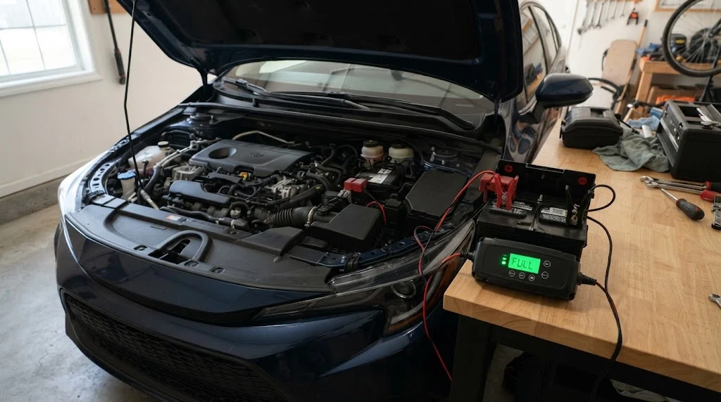 Smart charger showing full on a car battery in a home garage, a setup that will not overcharge a car battery
